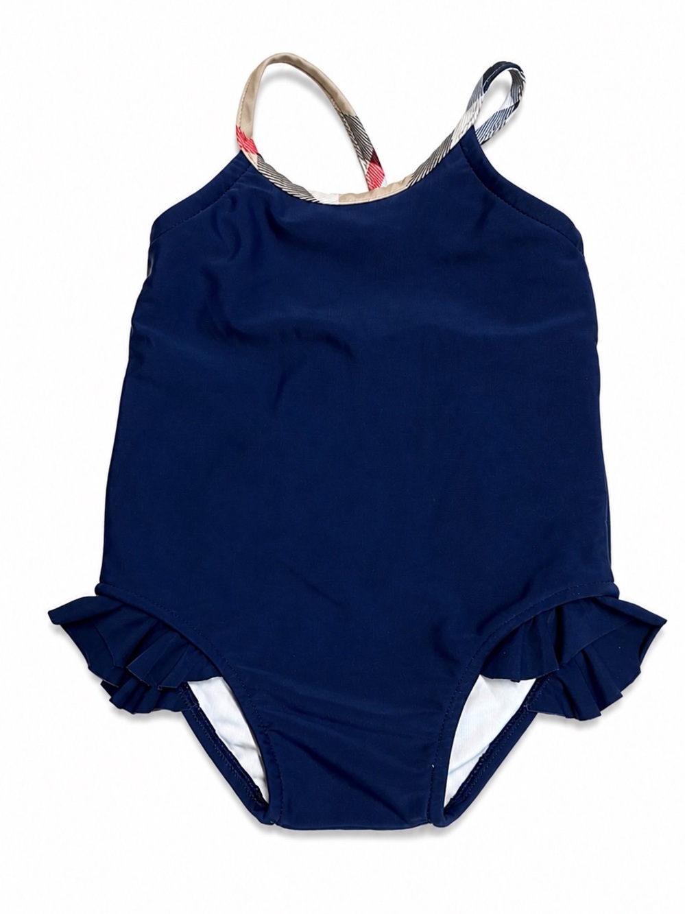 Burberry 9m Baby Girl Navy Swimsuit 0523 Check Strap Ruffle infant one piece